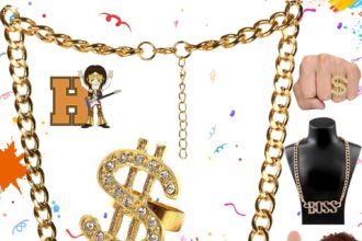 SoundZero 2 Pezzi Set Accessori Rapper Costume, Collane Rapper Hip Hop, Kit Costume Hip Hop Anni '80/'90, Hip Hop Travestimento Accessori, Anello Dollaro, Carnevale, Festa (Oro)
