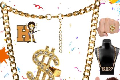 SoundZero 2 Pezzi Set Accessori Rapper Costume, Collane Rapper Hip Hop, Kit Costume Hip Hop Anni '80/'90, Hip Hop Travestimento Accessori, Anello Dollaro, Carnevale, Festa (Oro)