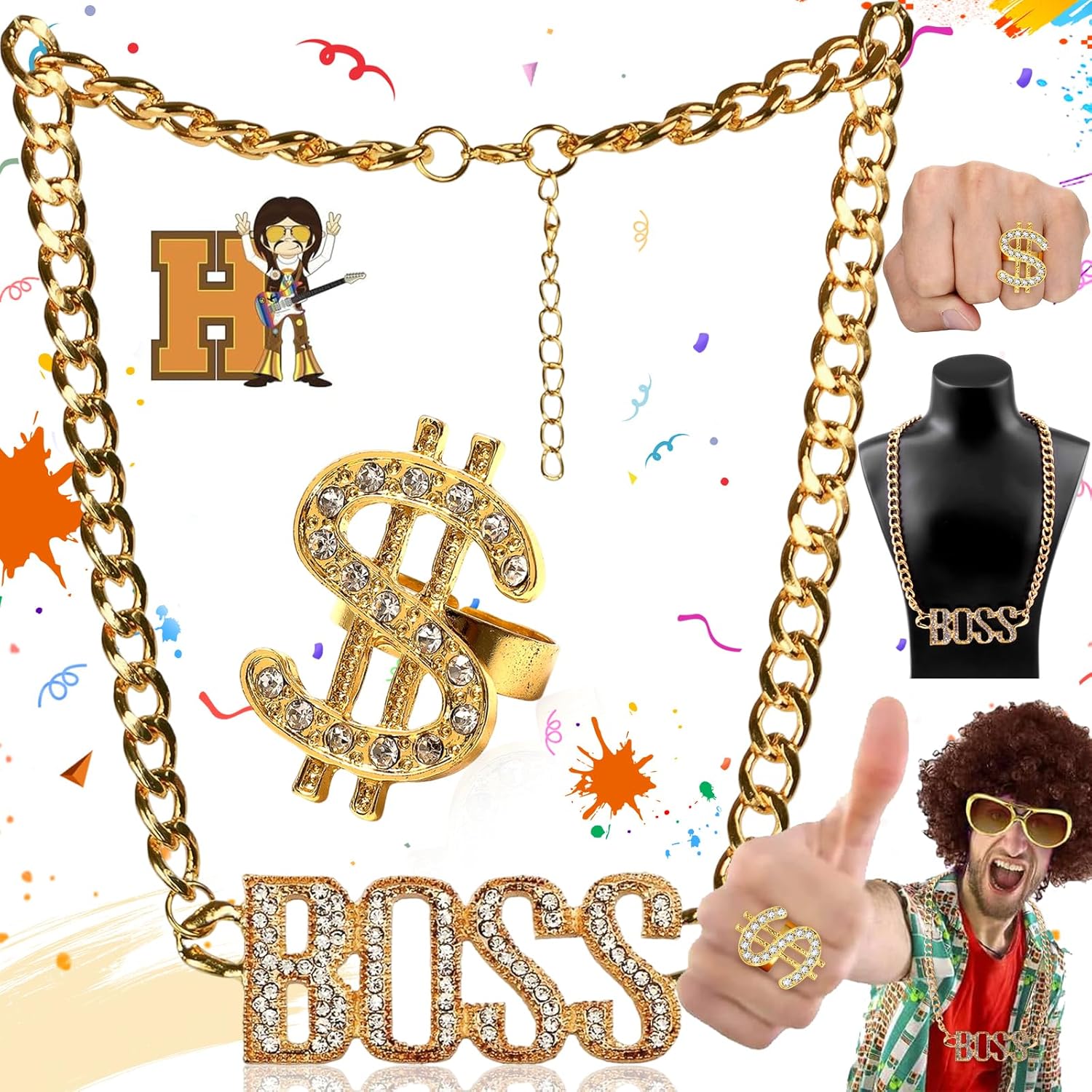 SoundZero 2 Pezzi Set Accessori Rapper Costume, Collane Rapper Hip Hop, Kit Costume Hip Hop Anni '80/'90, Hip Hop Travestimento Accessori, Anello Dollaro, Carnevale, Festa (Oro)