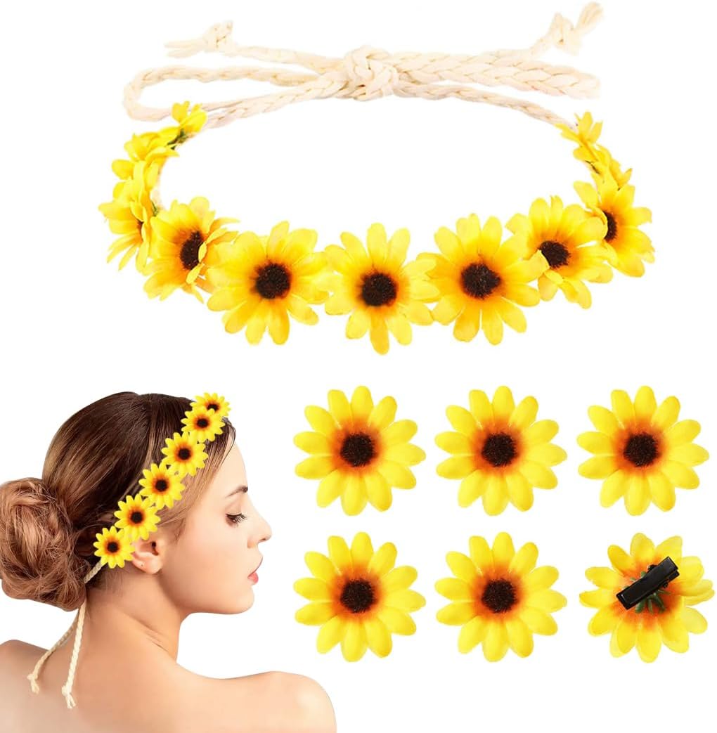 Youery set di cerchietti alla per capelli con girasole, 1 Pezzi fascia capelli donna Girasole e 6 Pezzi Forcine per Capelli Girasole, ghirlanda di fiori margherite per sposa, spiaggia, fotografia