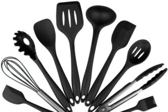 Set di utensili da cucina in silicone da 10 pezzi, senza BPA, Contiene 2 x Spatola Cucchiaio da cucina Mestolo Paletta Spaghetti Spoon Cucchiaio da portata Frusta Tong Pennello (10 pc Nero)