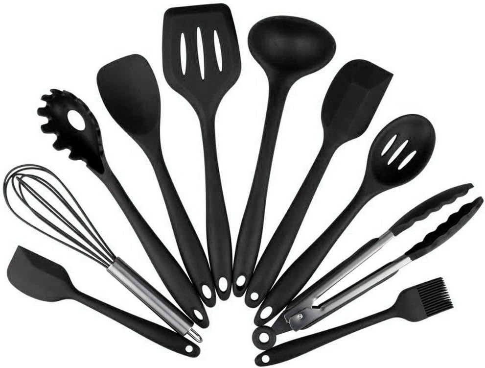 Set di utensili da cucina in silicone da 10 pezzi, senza BPA, Contiene 2 x Spatola Cucchiaio da cucina Mestolo Paletta Spaghetti Spoon Cucchiaio da portata Frusta Tong Pennello (10 pc Nero)