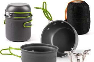 Shayson Fornello da Campeggio+Padella, Set di pentole da campeggio, Portatile Outdoor Backpacking Pentole Escursionismo Fornello da Cucina, Bruciatore a Propanoper con gas Accensione Piezoelettrica