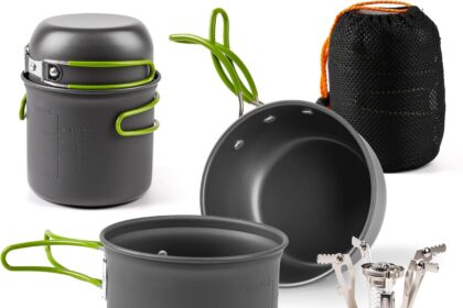 Shayson Fornello da Campeggio+Padella, Set di pentole da campeggio, Portatile Outdoor Backpacking Pentole Escursionismo Fornello da Cucina, Bruciatore a Propanoper con gas Accensione Piezoelettrica