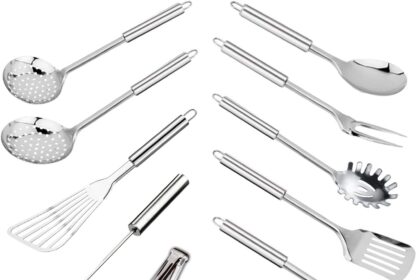 TENTA KITCHEN 11PCS Set di Utensili da Cucina in Acciaio Inox Set di Utensili da Cucina pentole Utensili da Cucina Strumenti di Supporto Acciaio Inossidabile spatola Frusta Spaghetti Server Mestolo