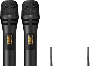 TONOR Microfono Senza Fili, Set di Microfoni a Mano per Karaoke, UHF Sistema con Ricevitore, Set di Microfoni Wireless per Karaoke Domestico, Feste, Chiese, DJ, Matrimoni, Discorsi TW350, Nero