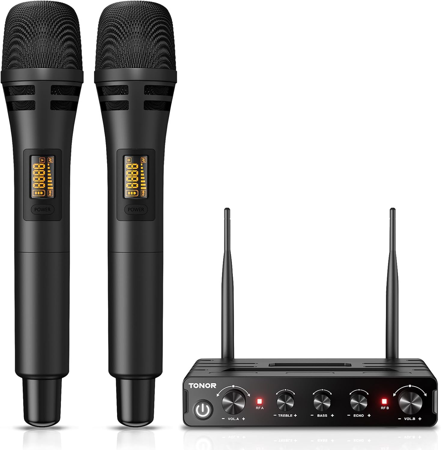 TONOR Microfono Senza Fili, Set di Microfoni a Mano per Karaoke, UHF Sistema con Ricevitore, Set di Microfoni Wireless per Karaoke Domestico, Feste, Chiese, DJ, Matrimoni, Discorsi TW350, Nero