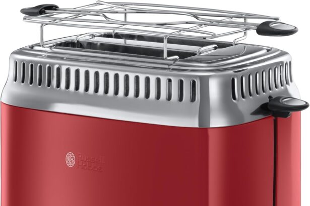 Russell Hobbs Tostapane - 2 Fette - Display per il conto alla rovescia in design retrò - Acciaio Inox Color Rosso; 6 livelli di Doratura; Funzione di Scongelamento; 1300 W, Retro Vintage 21680-56
