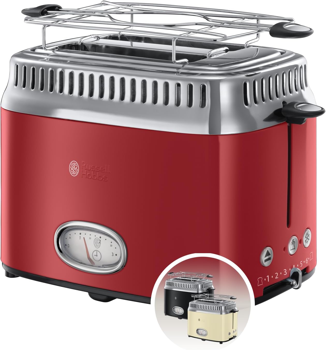 Russell Hobbs Tostapane - 2 Fette - Display per il conto alla rovescia in design retrò - Acciaio Inox Color Rosso; 6 livelli di Doratura; Funzione di Scongelamento; 1300 W, Retro Vintage 21680-56