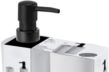 UNIMASA - Set da bagno - Set 3 accessori per lavabo - Kit da 3 pezzi - 1 dispenser di sapone 1 tazza, 1 vassoio (Blanco)