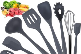Utensili da Cucina Accessori, 10 PCS Set Mestoli Cucina, Utensili Cucina Silicone Set Antigraffio Resistente al Calore Senza BPA con Pinze/Spatola/Cucchiaio/Frusta/Pennello/Mestolo/Paletta