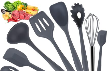 Utensili da Cucina Accessori, 10 PCS Set Mestoli Cucina, Utensili Cucina Silicone Set Antigraffio Resistente al Calore Senza BPA con Pinze/Spatola/Cucchiaio/Frusta/Pennello/Mestolo/Paletta
