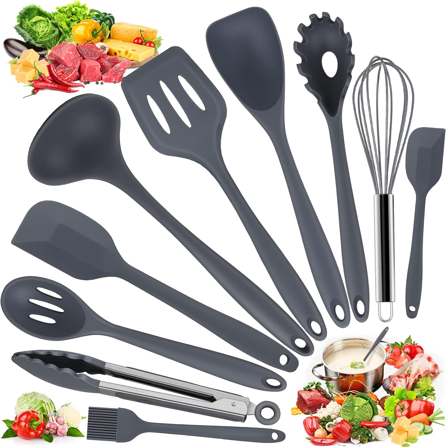 Utensili da Cucina Accessori, 10 PCS Set Mestoli Cucina, Utensili Cucina Silicone Set Antigraffio Resistente al Calore Senza BPA con Pinze/Spatola/Cucchiaio/Frusta/Pennello/Mestolo/Paletta