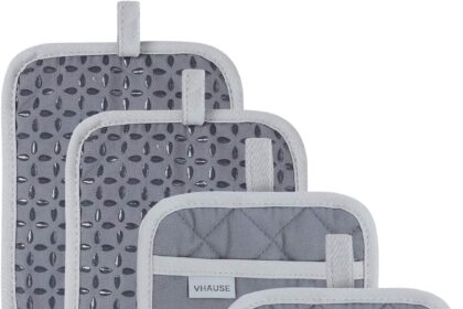 VHAUSE Set di 4 presine con custodia, resistenti al calore, in cotone, con manico in silicone antiscivolo, per pentole calde, padelle grigie, regali di Natale per cuochi appassionati di cucina