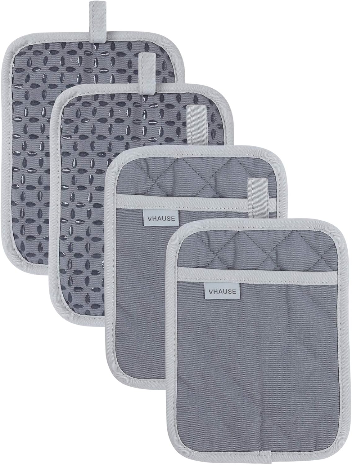 VHAUSE Set di 4 presine con custodia, resistenti al calore, in cotone, con manico in silicone antiscivolo, per pentole calde, padelle grigie, regali di Natale per cuochi appassionati di cucina