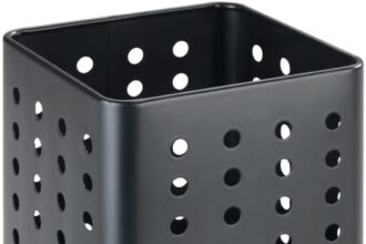 WENKO Portautensili Silio, supporto pratico per utensili da cucina realizzato in metallo verniciato a polvere, forma squadrata con fori, (L x A x P): 11,5 x 16,5 x 11,5 cm, nero opaco