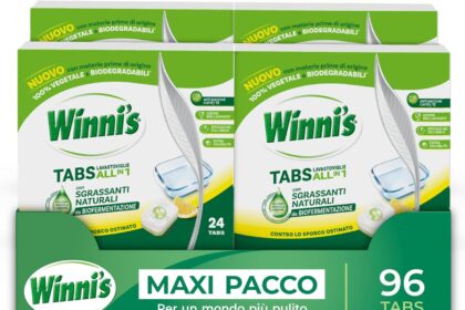 Winni's - Pastiglie per Lavastoviglie, 96 Tabs, Detersivo Multiazione Detergente, Sgrassante, Antiodore e Brillantante, Fragranza di Limone, con Materie Prime di Origine Vegetale, Confezione da 4