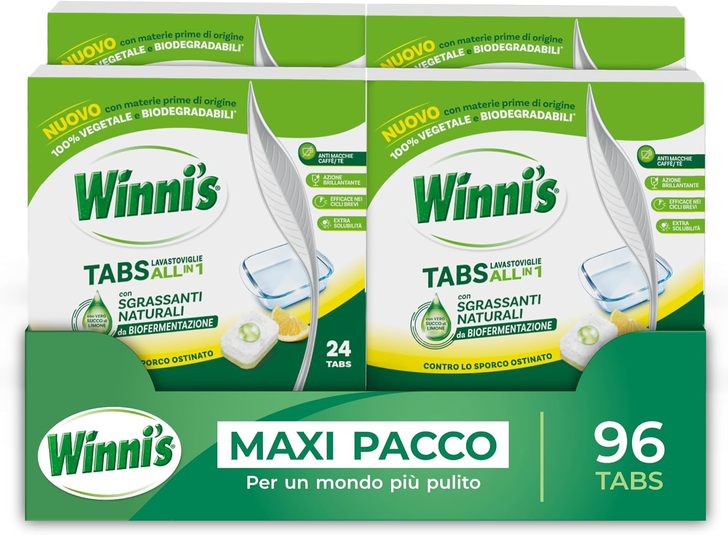 Winni's - Pastiglie per Lavastoviglie, 96 Tabs, Detersivo Multiazione Detergente, Sgrassante, Antiodore e Brillantante, Fragranza di Limone, con Materie Prime di Origine Vegetale, Confezione da 4