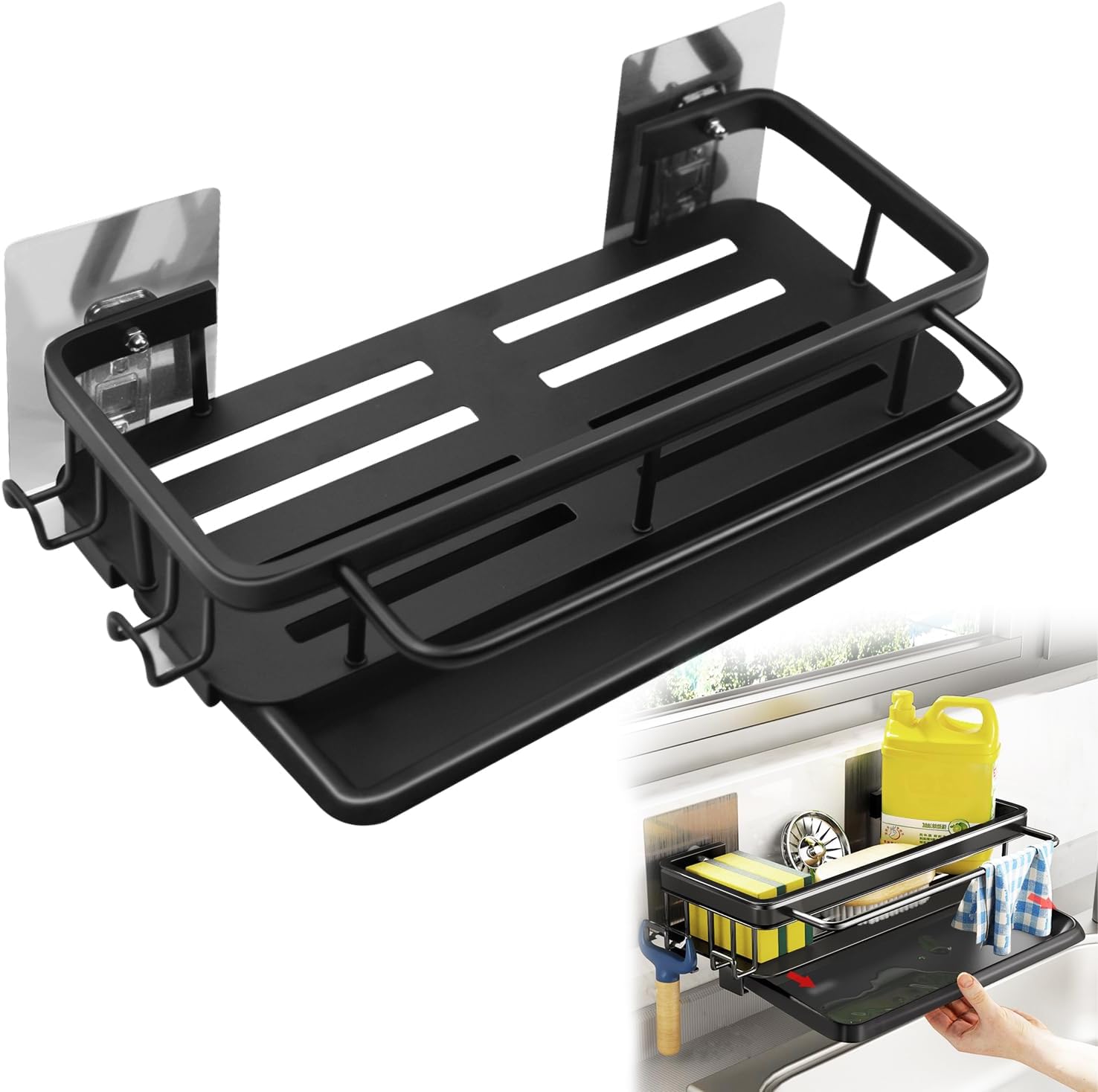 ZIOYA Porta Spugne Lavello Cucina in Acciaio Inox Organizer Rimovibile, Nessuna Perforazione con Ganci e Portasciugamani per Bagno