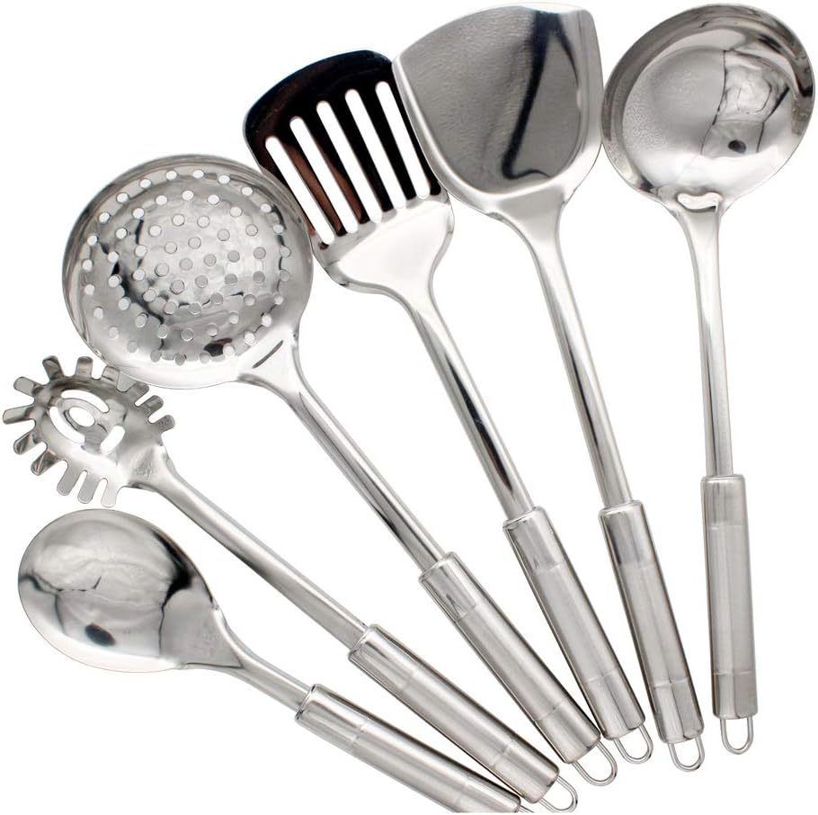 Abcsea 6 Pezzi Set di Utensili da Cucina in Acciaio Inox, Cucchiai da Cucina, Spatola da Cucina, Cucchiaio Forato, Cucchiaio da Zuppa