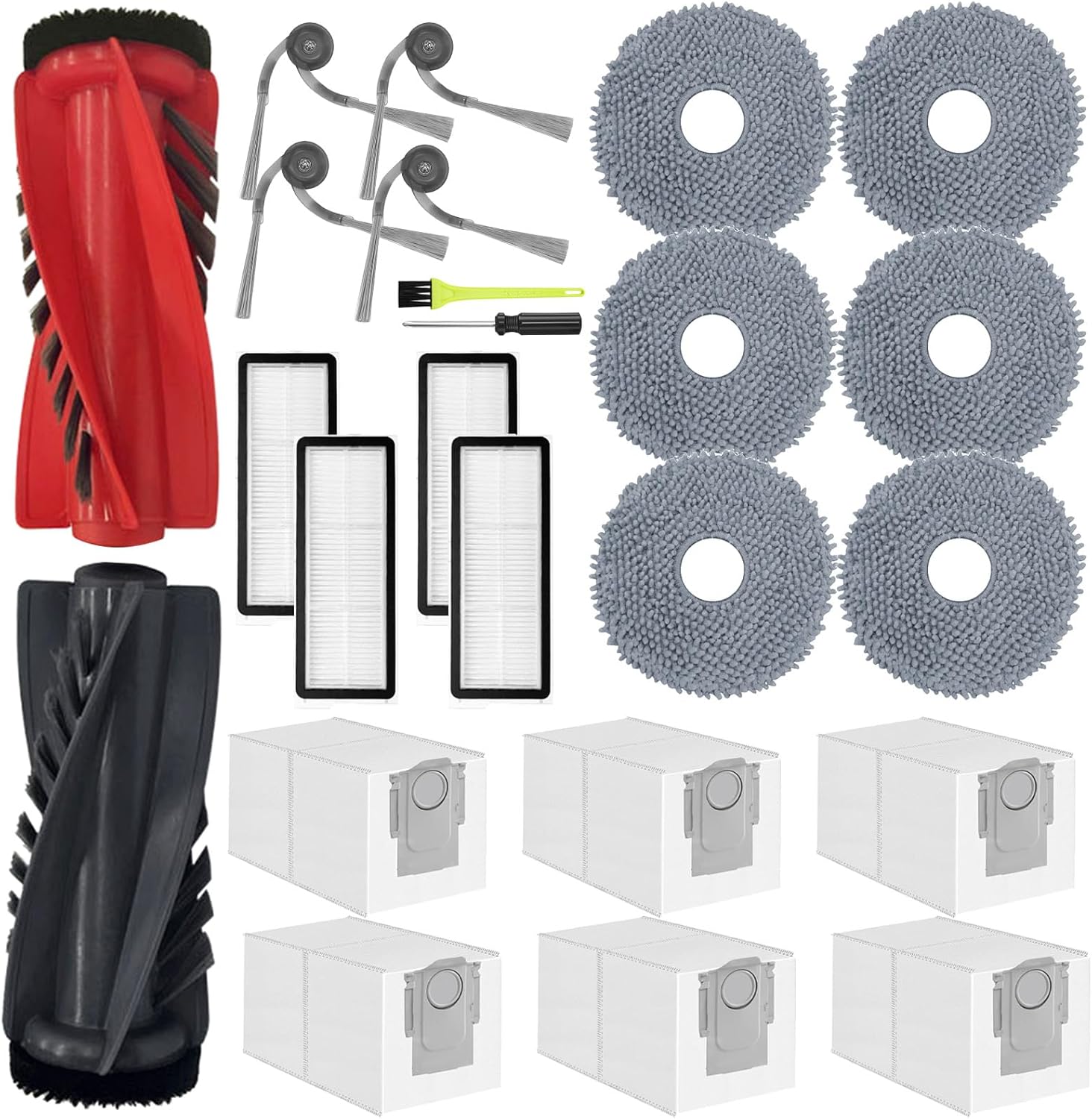 Accessori di Ricambio per Roborock Qrevo Curve/Qrevo Edge/Qrevo Curv S5X/ Qrevo Edge S5A/ P20 Pro, 1 Spazzola Principale, 6 Sacchetti per Polvere, 6 Panni Mop, 4 Filtri HEPA, 4 Spazzole Laterali