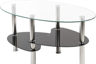 Anth Tavolino in Vetro Semplice ed Elegante, Tavolino da Soggiorno in Vetro con Piedi in Metallo, Forma Ovale con 2 Ripiani, Dimensioni: Lap 90x50x43 cm