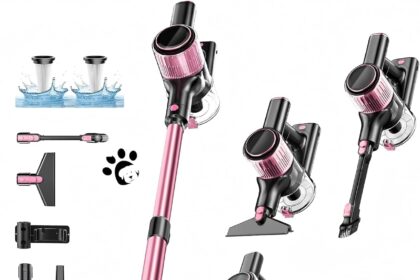 SUXIANGVAC Aspirapolvere Senza Fili, 45KPa/500W/45min Scopa Elettrica Senza Fili, con3 Livelli, tubo estensibile, display a LED,Spazzola Antigroviglio, per Pavimenti/Tappeti/Peli Animali-Rosa