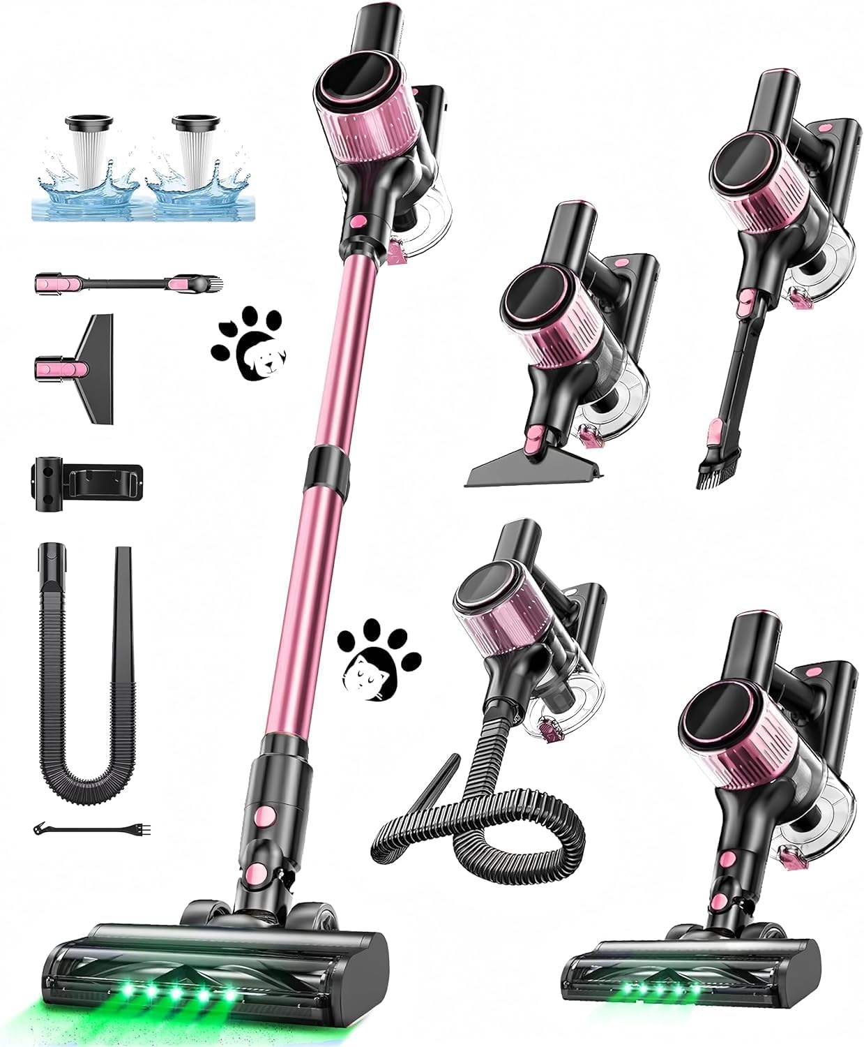 SUXIANGVAC Aspirapolvere Senza Fili, 45KPa/500W/45min Scopa Elettrica Senza Fili, con3 Livelli, tubo estensibile, display a LED,Spazzola Antigroviglio, per Pavimenti/Tappeti/Peli Animali-Rosa