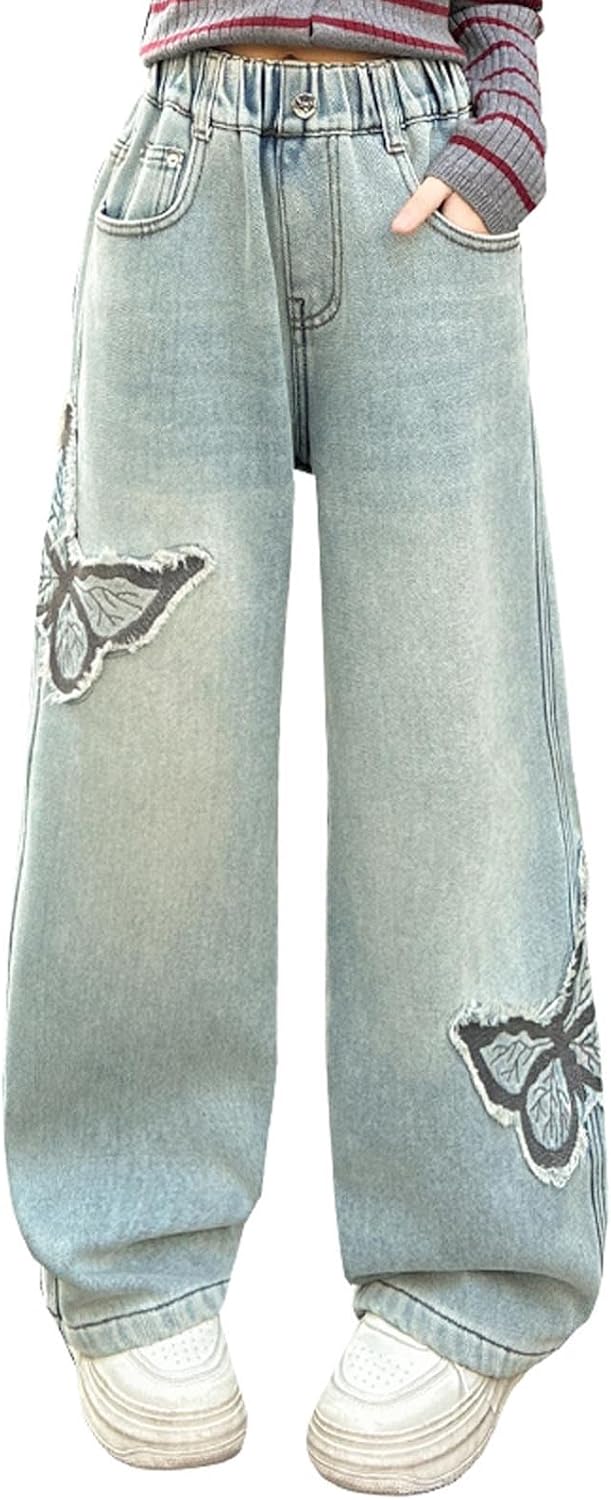 Gefomuofe Baggy Jeans da ragazza, a gamba larga, con elastico, larga, pantaloni larghi, a vita alta, per il tempo libero, Y2k, vintage, pantaloni larghi per bambini dai 5 ai 17 anni