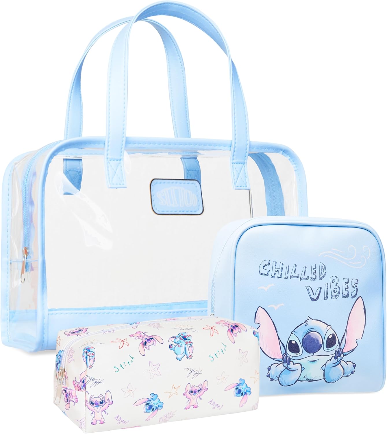 Disney Stitch Beauty Case da Viaggio Set Pochette Makeup Bag Borsa da Toilette con Bottiglie da Viaggio Ricaricabili Donna Ragazza (Blu Stitch 3 Pz)