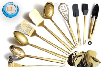 Berglander Set di utensili da cucina in acciaio inossidabile color oro 13 pezzi con placcatura in oro in titanio, set di utensili da cucina con portautensili, lavabile in lavastoviglie