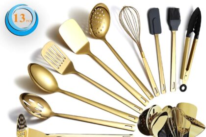 Berglander Set di utensili da cucina in acciaio inossidabile color oro 13 pezzi con placcatura in oro in titanio, set di utensili da cucina con portautensili, lavabile in lavastoviglie