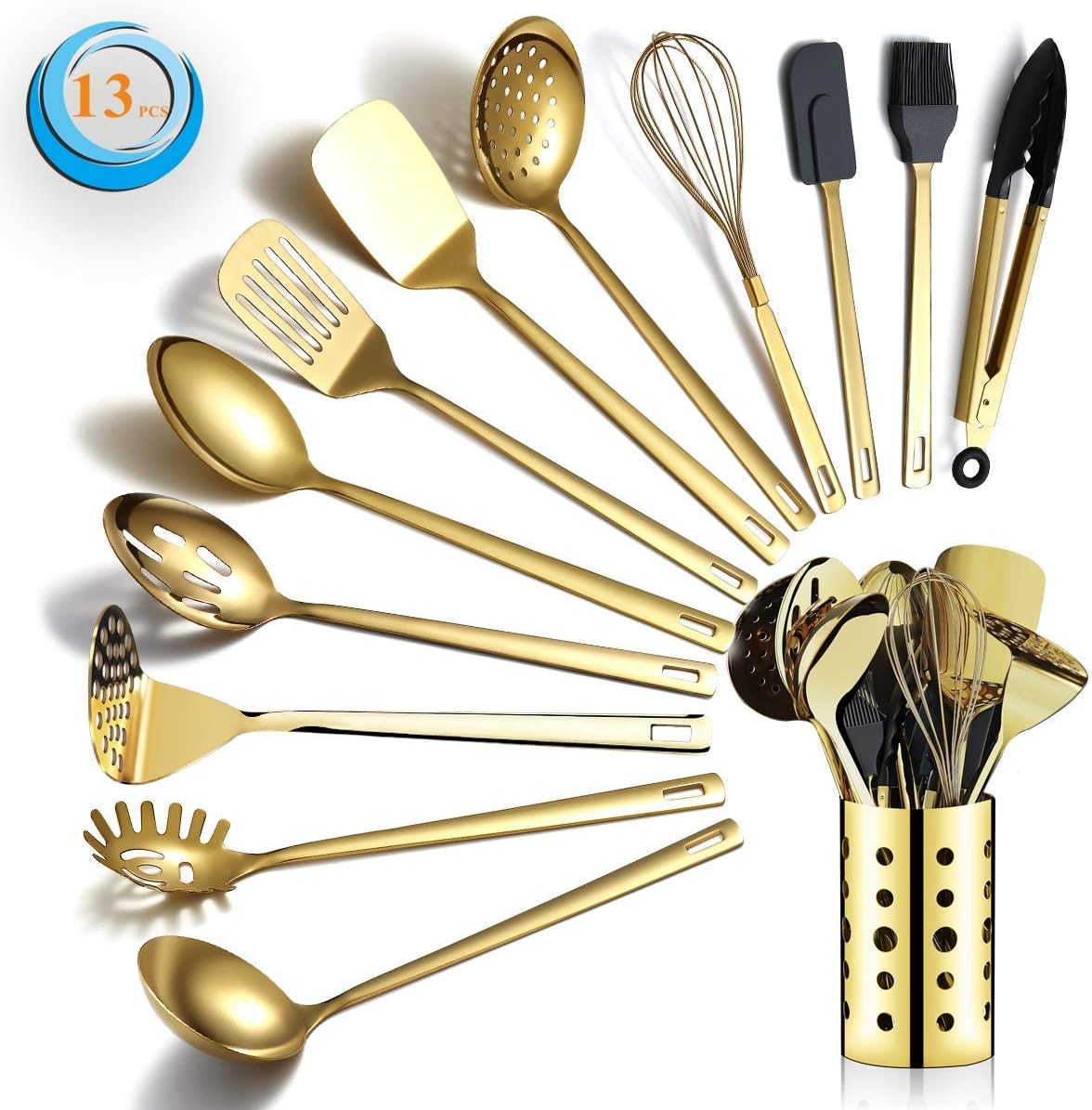 Berglander Set di utensili da cucina in acciaio inossidabile color oro 13 pezzi con placcatura in oro in titanio, set di utensili da cucina con portautensili, lavabile in lavastoviglie