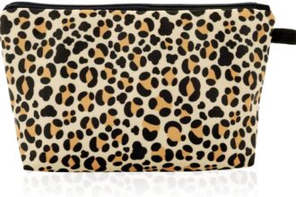 cobee Borse per il trucco, borse gialle leopardate per borsellino Zipper Cosmetic Pouch Large Travel Canvas Make Up Organizer Tool Travel Makeup Pouch Wallet per donne e ragazze