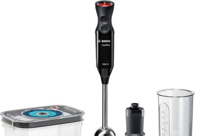 Bosch ErgoMixx Hand Blender - Frullatore a Immersione Portatile con Sistema Sottovuoto, 1000 W, 12 Impostazioni di Velocità, Lama a 4 Ali, Bicchiere Graduato e Accessori per Sottovuoto