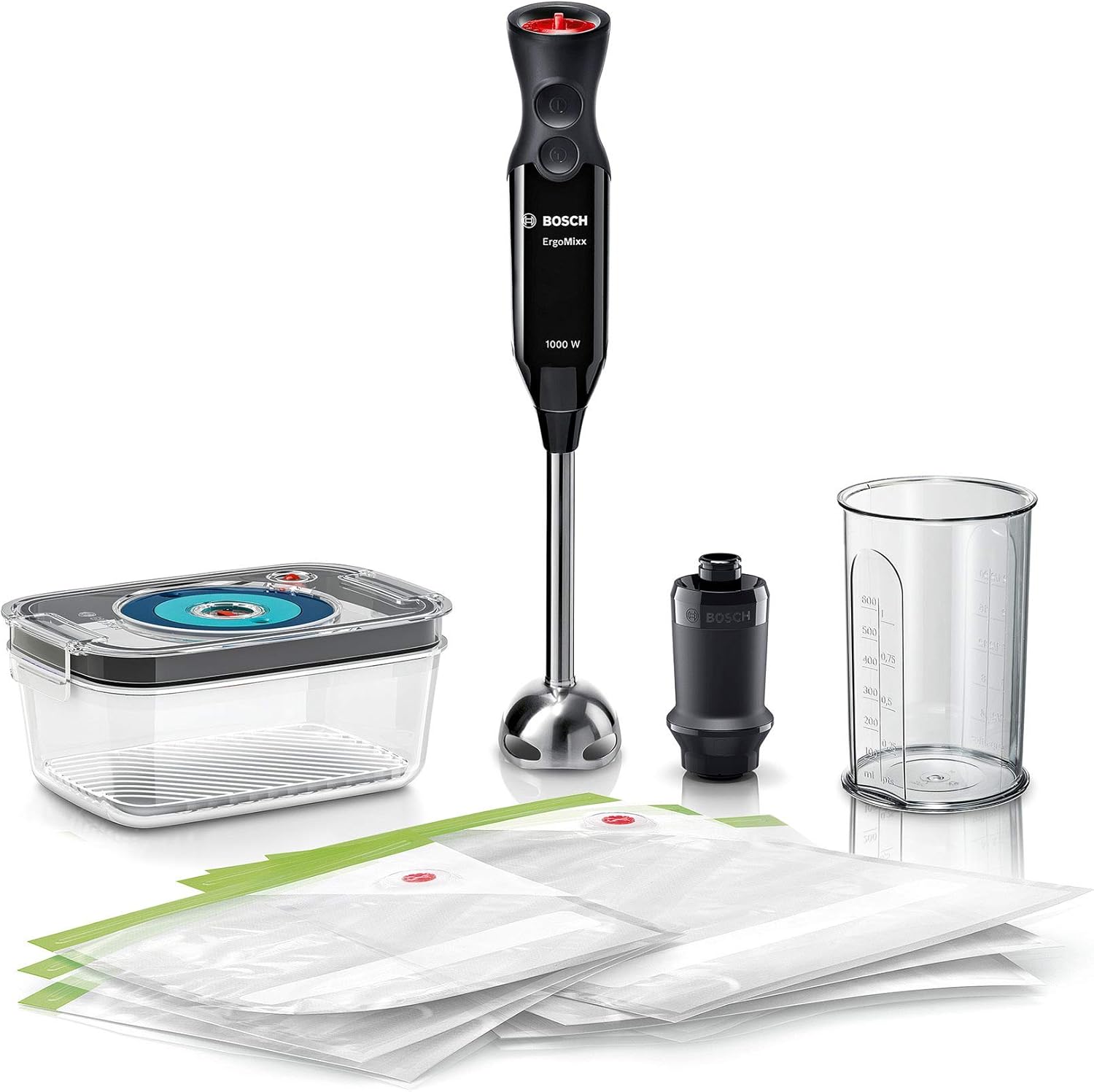 Bosch ErgoMixx Hand Blender - Frullatore a Immersione Portatile con Sistema Sottovuoto, 1000 W, 12 Impostazioni di Velocità, Lama a 4 Ali, Bicchiere Graduato e Accessori per Sottovuoto