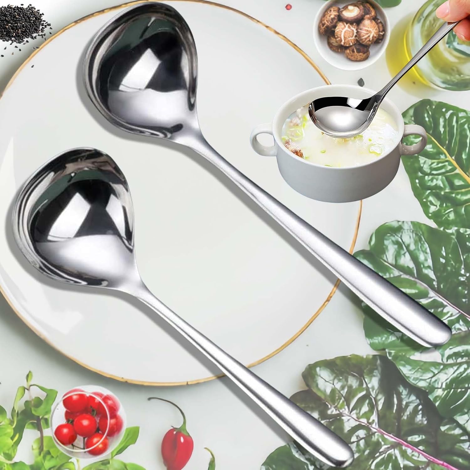 Brateuanoii 2 Pezzi Cucchiai In Acciaio Inox, Mini Mestolo Da Minestra In Acciaio, Mestoli Cucina Per Sugo Salse, SUS 304 Cucchiai Da Zuppa, Cucchiai Zuppa Da 20 cm e 17cm, Per Casa,Ristorante,Cucina