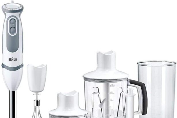 Braun MQ5245WH Minipimer con 5 ANNI DI ASSISTENZA, Frullatore ad immersione, 1000W, 4 accessori, 21 velocità di lavorazione, antischizzo, bianco/grigio