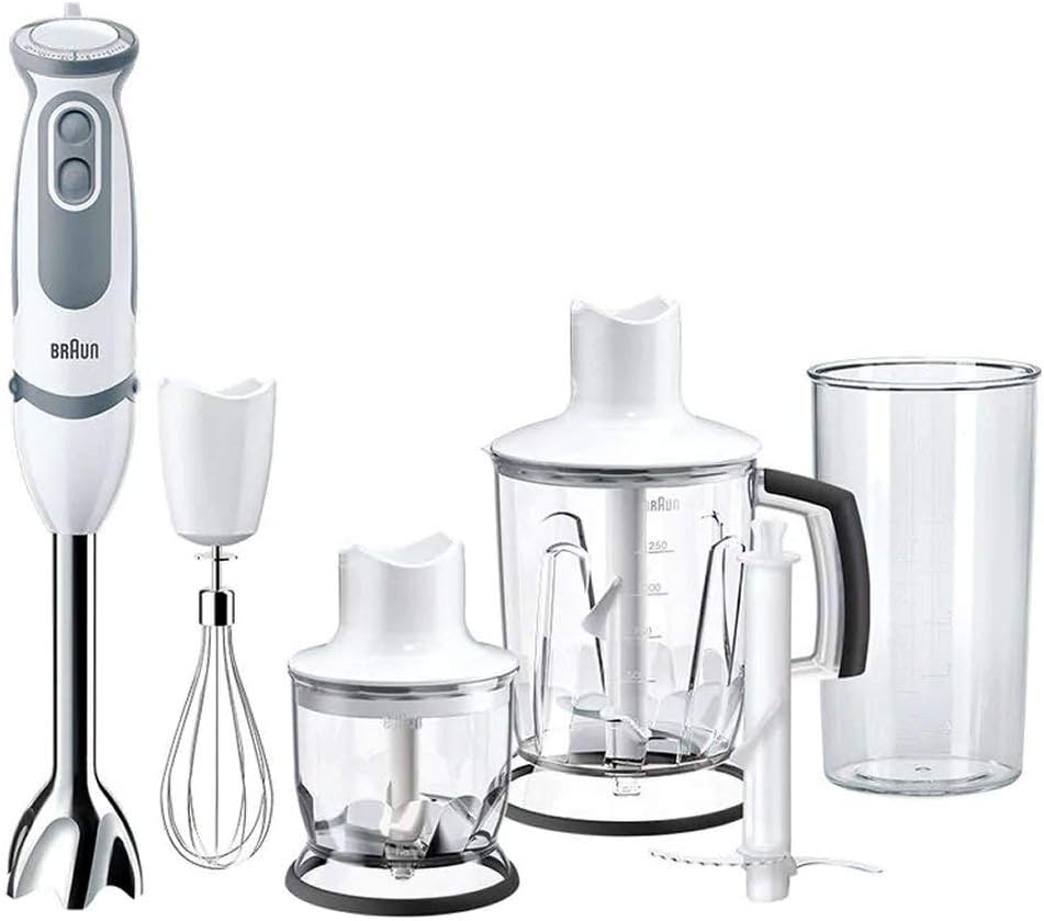 Braun MQ5245WH Minipimer con 5 ANNI DI ASSISTENZA, Frullatore ad immersione, 1000W, 4 accessori, 21 velocità di lavorazione, antischizzo, bianco/grigio