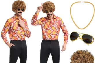 BuzzoXerex Costume Anni 70 Uomo, Costume Hippie Uomo Disco Anni 70 con Camicia, Parrucca, Pantaloni a Zampa d'elefante e Accessori da Disco per Carnevali e Feste a Tema, Halloween