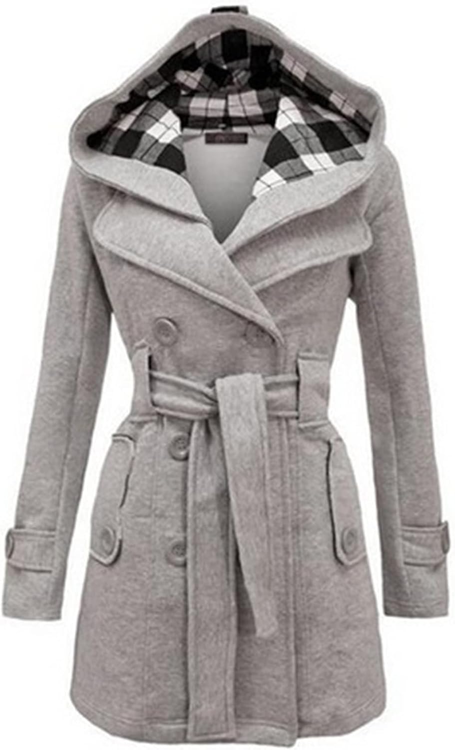 KeYIlowys Cappotto da Donna in Lana con Cappuccio E Cintura in Stile Nuovo Stile Doppiopetto