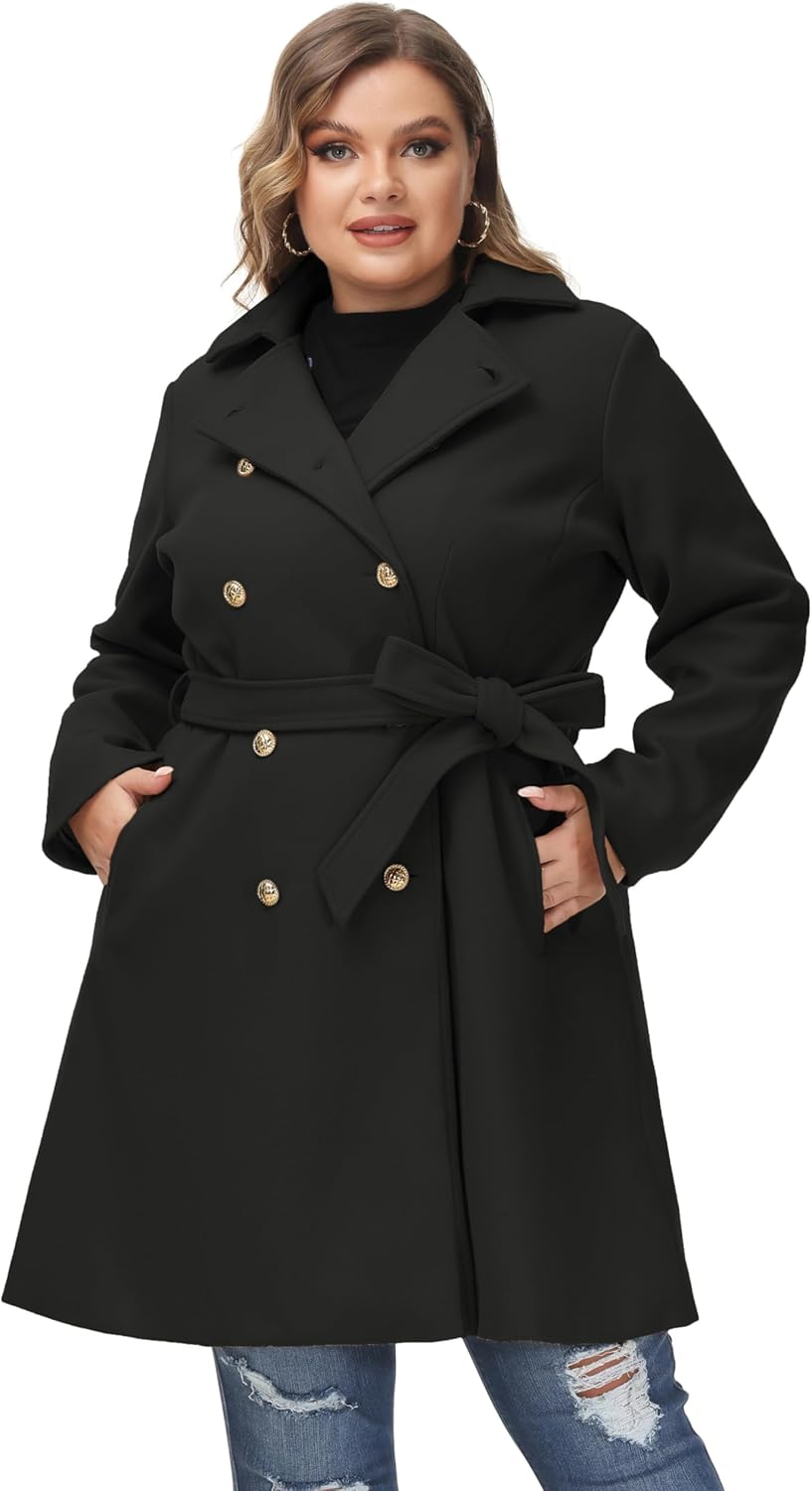 Hanna Nikole Cappotto in lana da donna Cappotto invernale doppiopetto taglie forti con giacca a vento midi a maniche lunghe con cintura tascabile