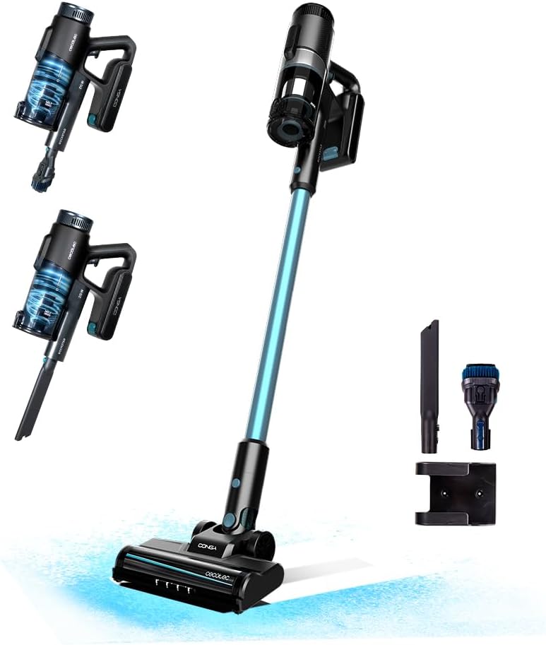 Cecotec Aspirapolvere Scopa Elettrica Senza Fili Portatile Conga Rockstar 1500 Ray Pure, 215W, 12Kpa, Batteria 25.2V, Auto 45Min, 3in1, Spazzola Mista, 2 Programmi, Ciclone Parallelo, Serbatoio 500Ml