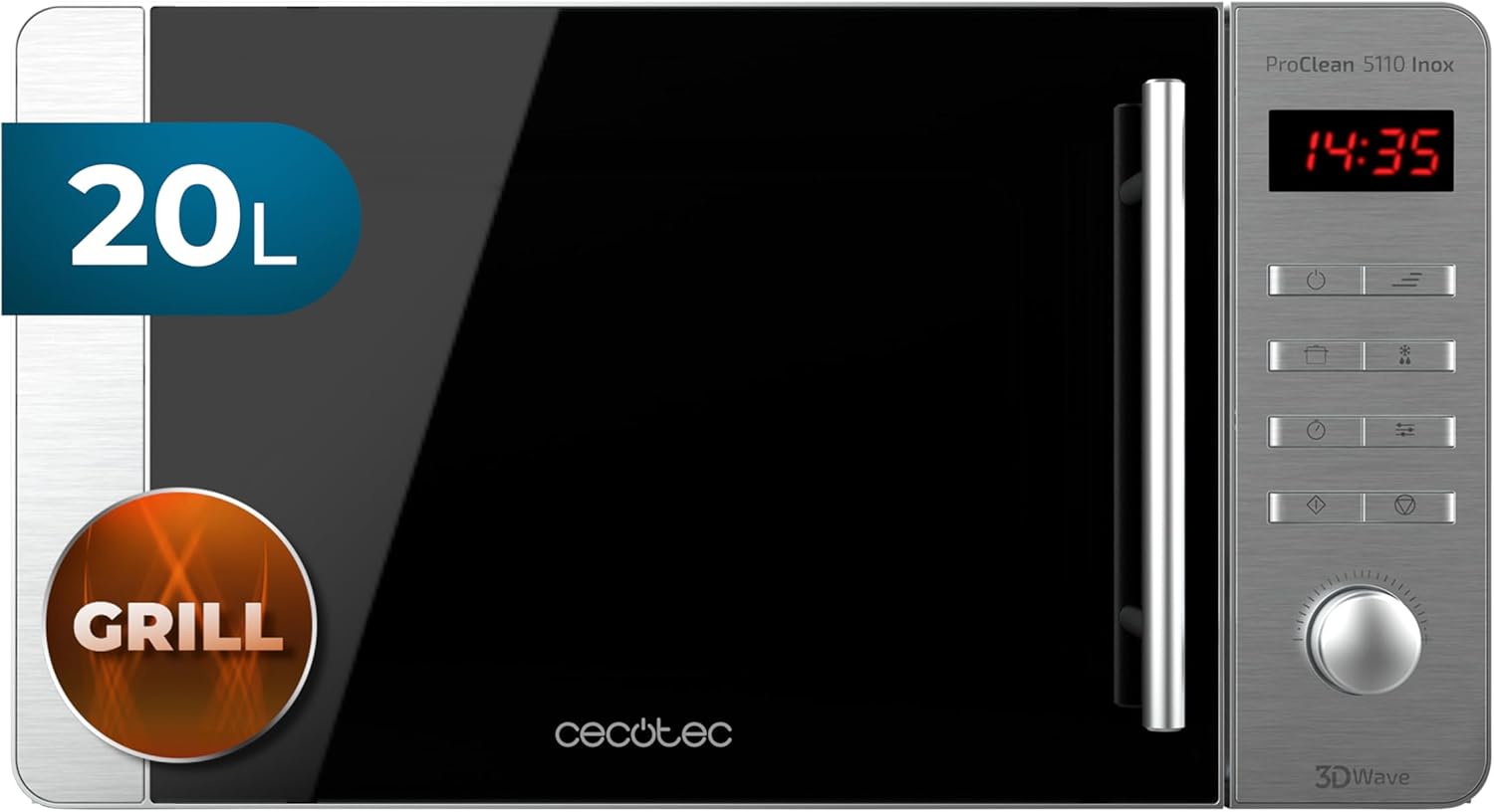 Cecotec Forno a microonde con grill ProClean 5110 Inox 20 L, rivestimento Ready2Clean, potenza 700 W, grill 800 W, 5 livelli operativi, 8 programmi, timer 60 min, display LED