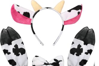 5PCS Costume Mucca, Mucca Fascia per Capelli con Orecchie Papillon Guanti Mucca Coda, Costume da Mucca Trasvestimenti Accessori, Costumi Animali Bambini Adulto per Halloween Carnevale Festa di Cosplay