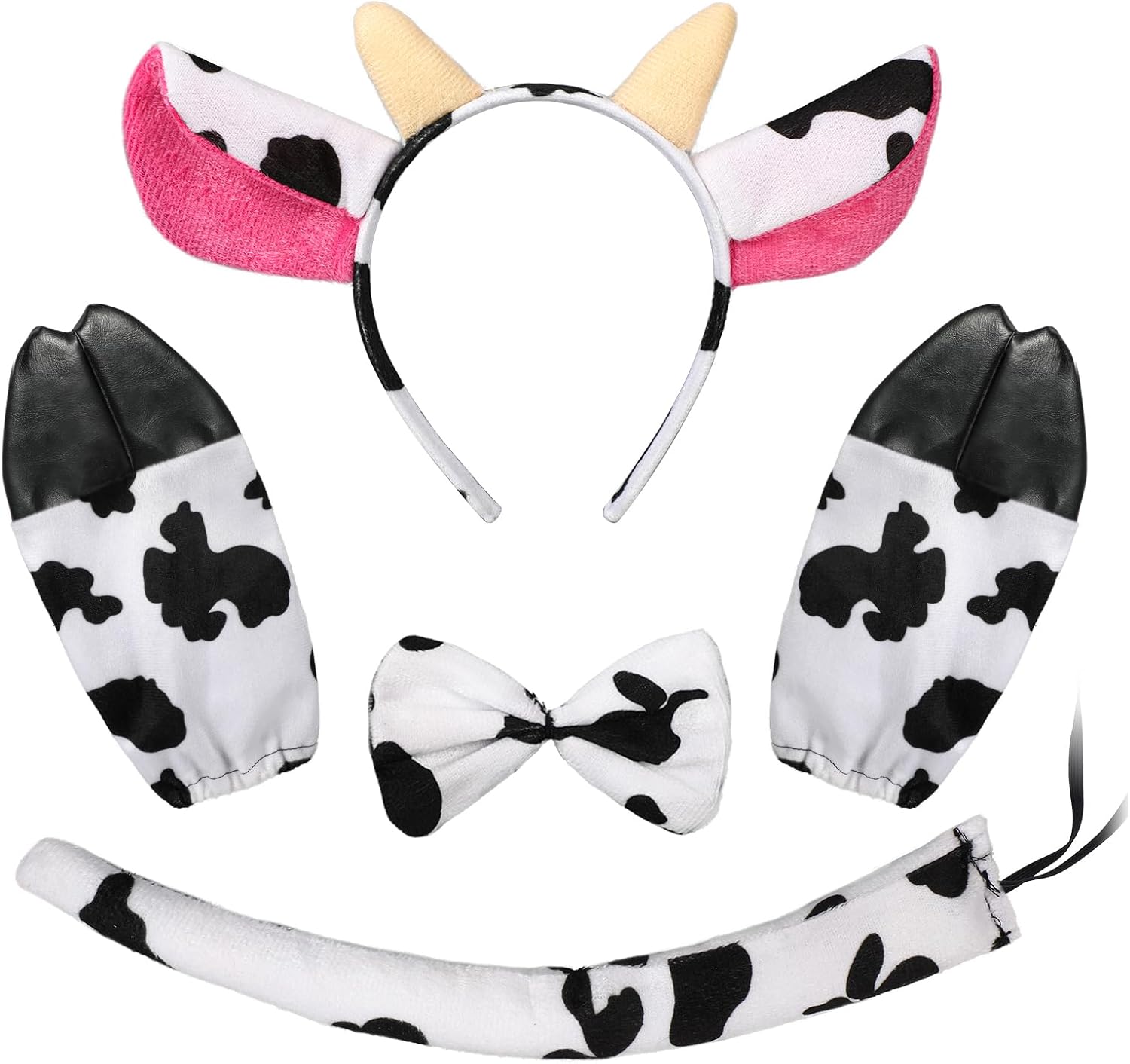 5PCS Costume Mucca, Mucca Fascia per Capelli con Orecchie Papillon Guanti Mucca Coda, Costume da Mucca Trasvestimenti Accessori, Costumi Animali Bambini Adulto per Halloween Carnevale Festa di Cosplay