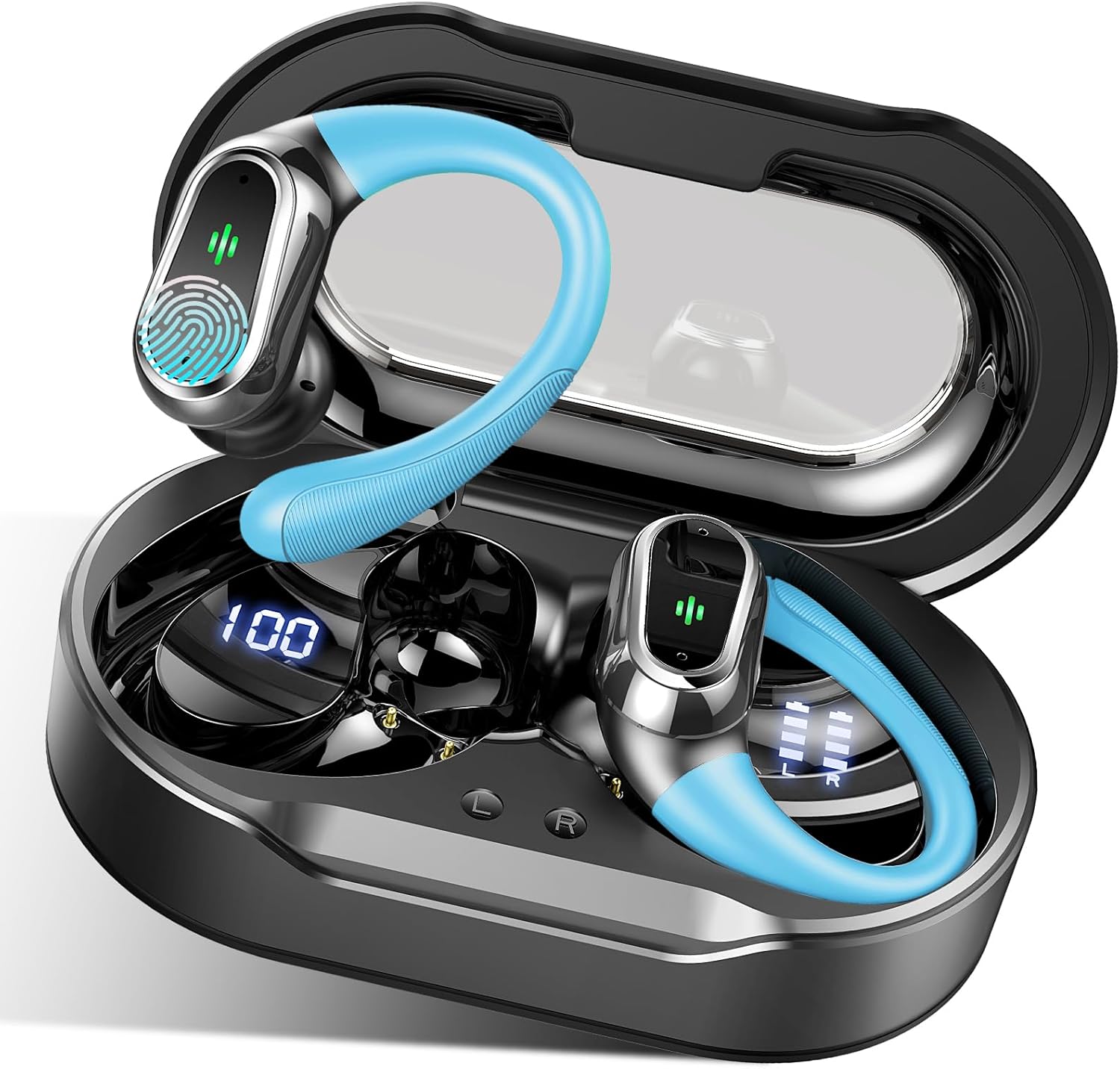 Cuffie Bluetooth Sport, Auricolari Bluetooth 5.3 HiFi Stereo, 50 Ore Cuffie Wireless con ENC Riduzione del Rumore Mic, IP7 Impermeabili, Cuffiette Bluetooth Senza fili con Display LED, Azzurro
