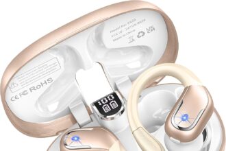 Ltinist Cuffie Bluetooth Sport, Cuffie Bluetoth 5.3 con Stereo HiFi, 75H Auricolari Bluetooth con Mic Chiamata ENC HD, Basso Profondo, IP7 Impermeabili Cuffiette Bluetoth Display LED, Oro Rosa