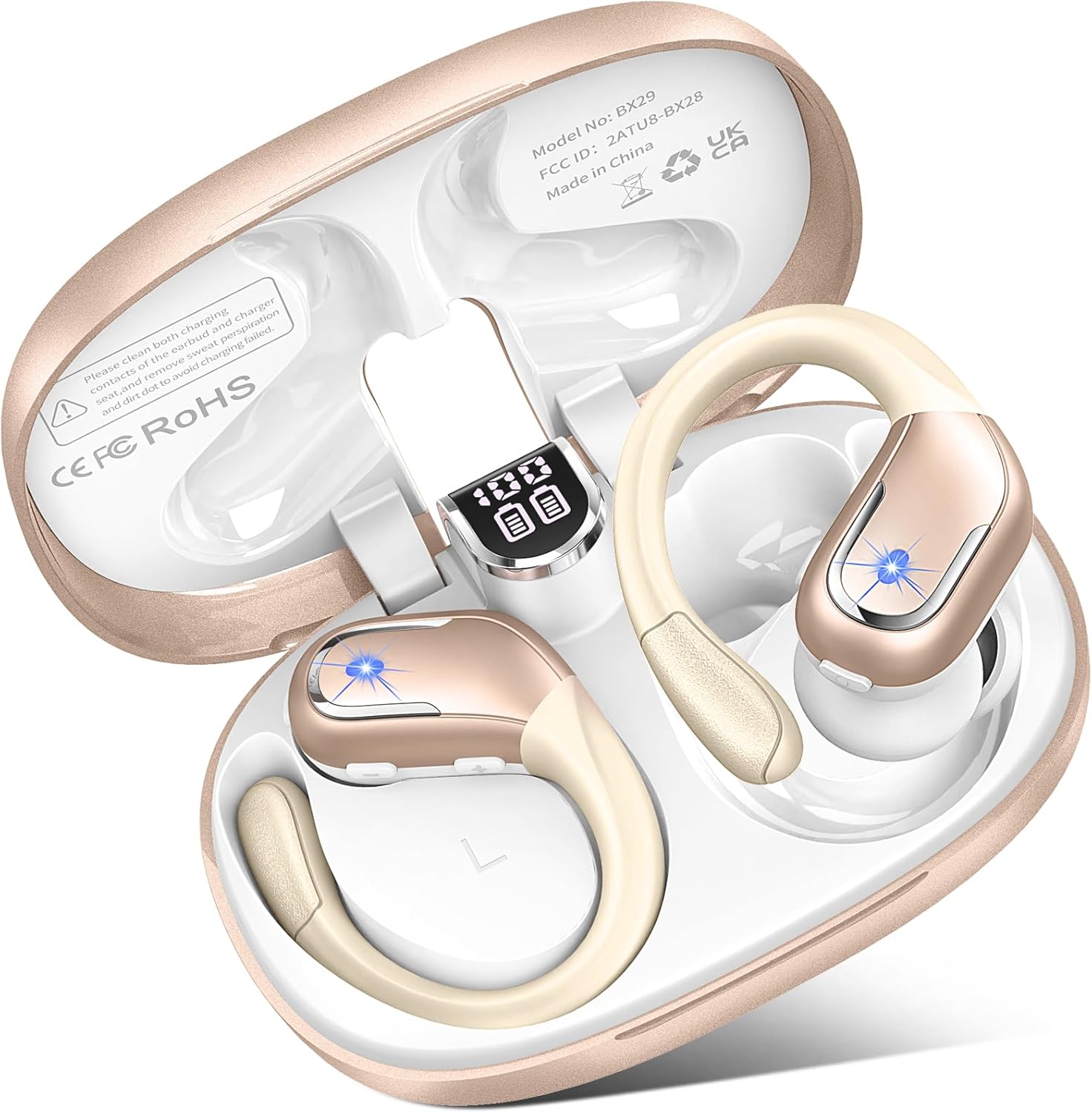 Ltinist Cuffie Bluetooth Sport, Cuffie Bluetoth 5.3 con Stereo HiFi, 75H Auricolari Bluetooth con Mic Chiamata ENC HD, Basso Profondo, IP7 Impermeabili Cuffiette Bluetoth Display LED, Oro Rosa