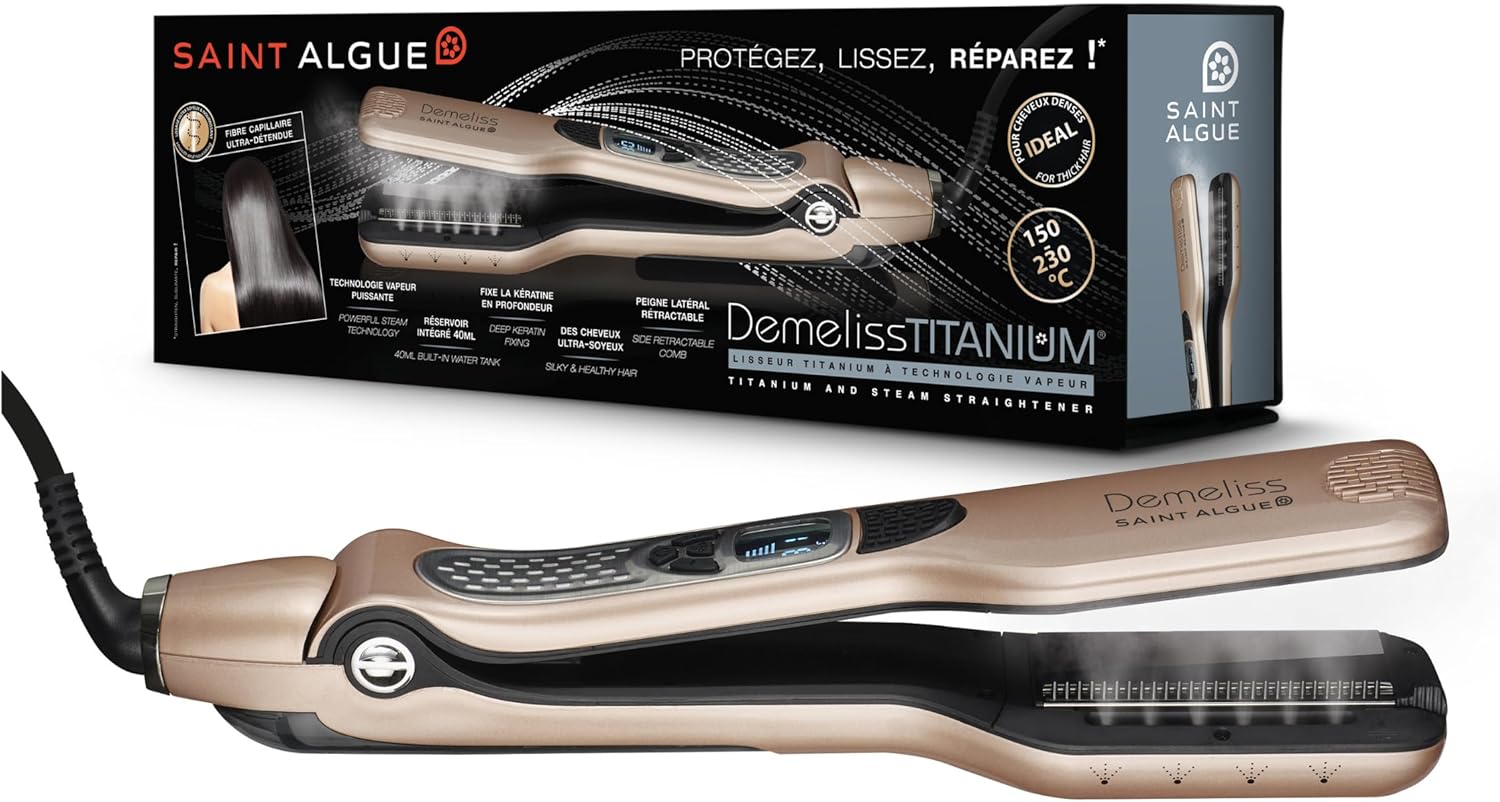 DEMELISS - Saint Algue Piastra per capelli a vapore in titanio - Maxi-serbatoio integrato 40ml - Pettine laterale rimovibile - Lisciatura estrema e protezione dei capelli - Oro/Champagne